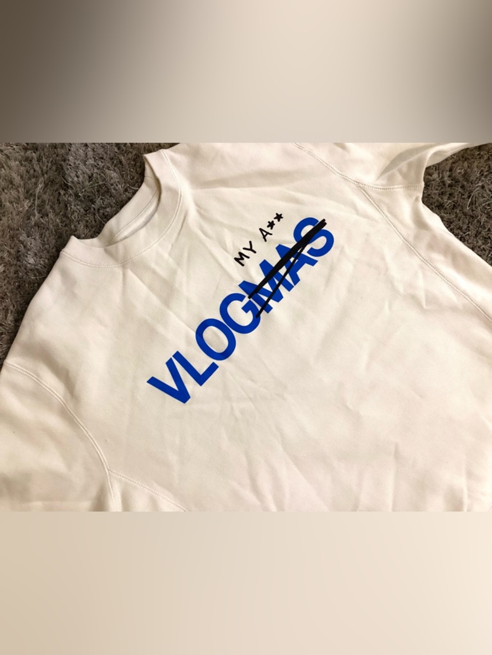 Women’s Cream Crewneck Sweatshirt with (blue) 'VLOGMAS and (black) My A** ✨